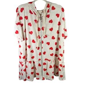 Hopely Women's Large Short‎ Sleeve Zip Up Hoodie Cream Red Hearts Ruffle Hem